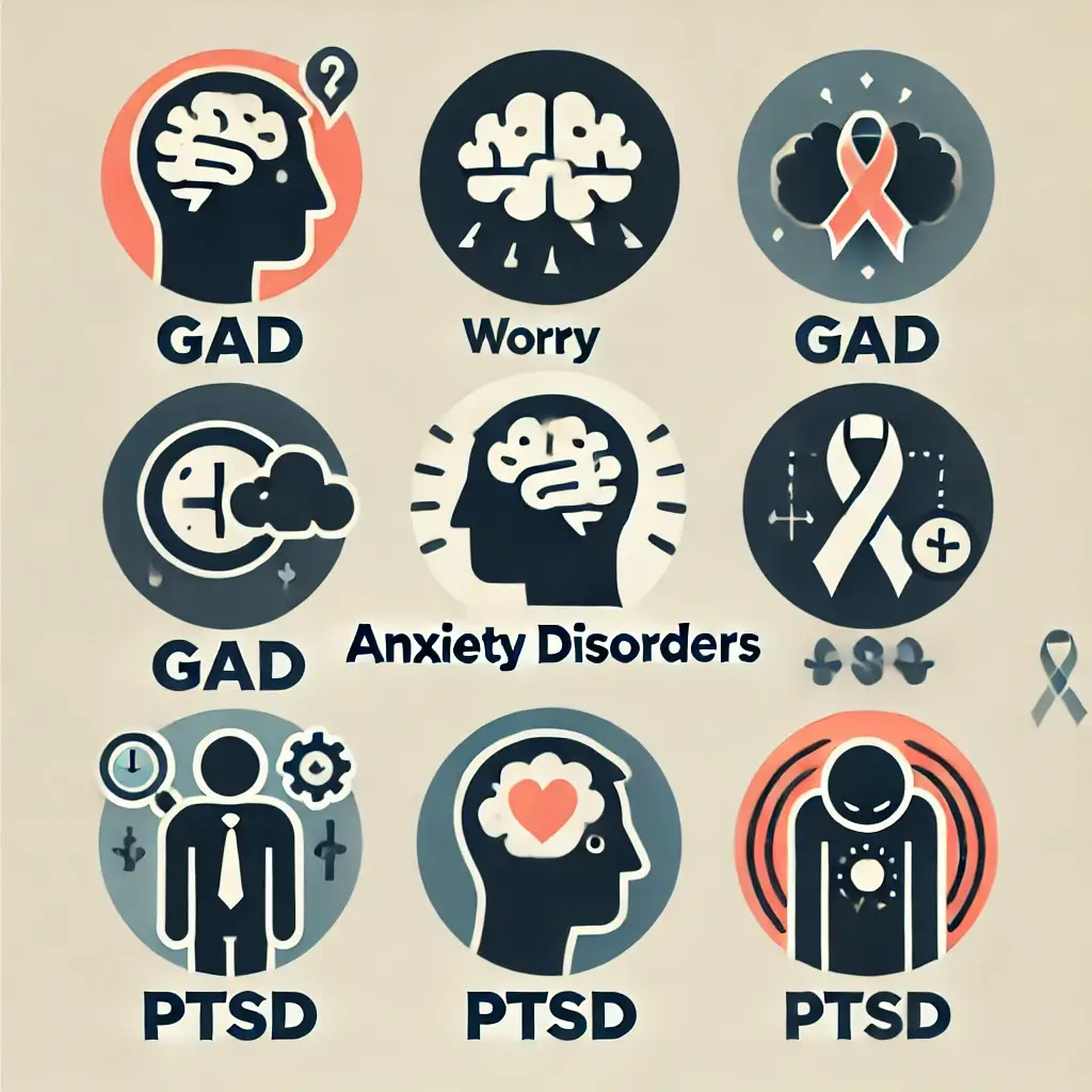 A high-quality, professional image depicting seven different types of anxiety disorders visually represented through icons or symbols. Each disorder i