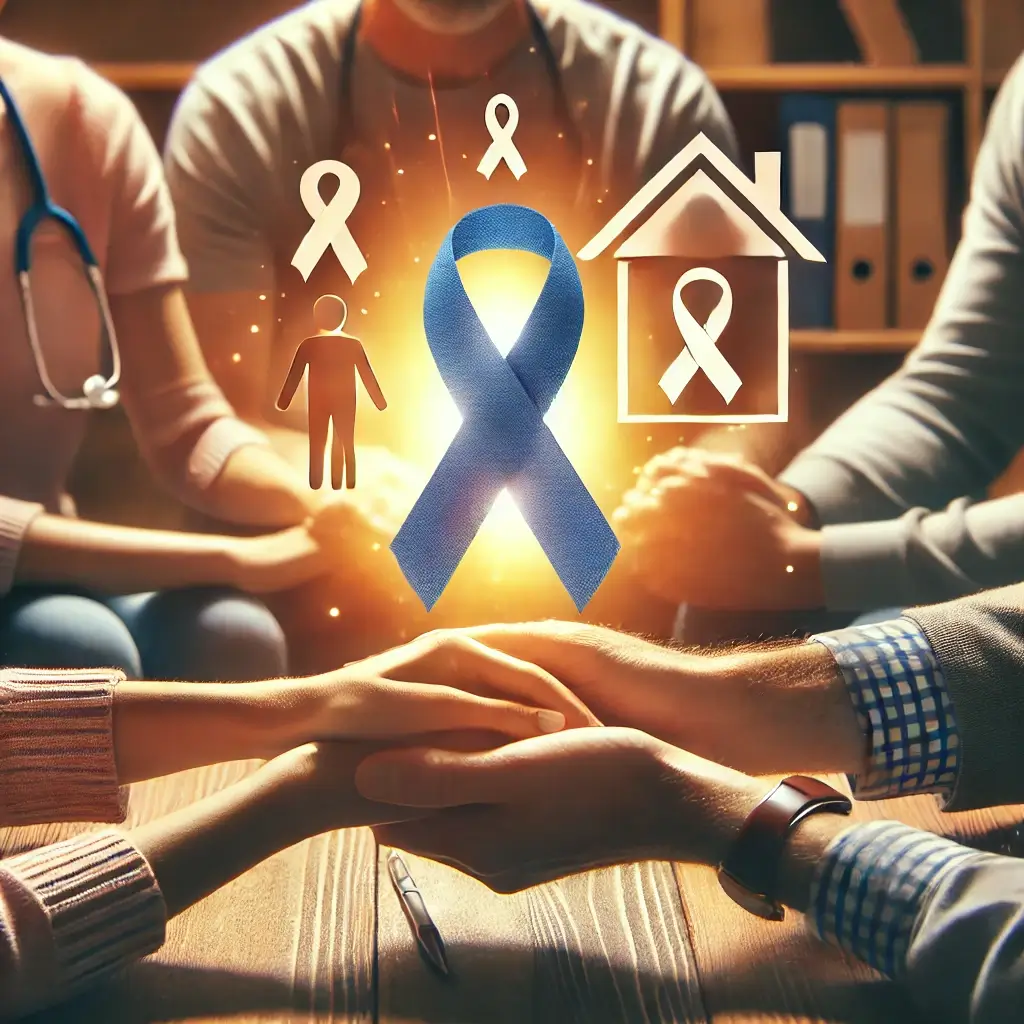 A high-quality, professional image representing community-based support and mental health resources. The image includes a supportive group therapy ses