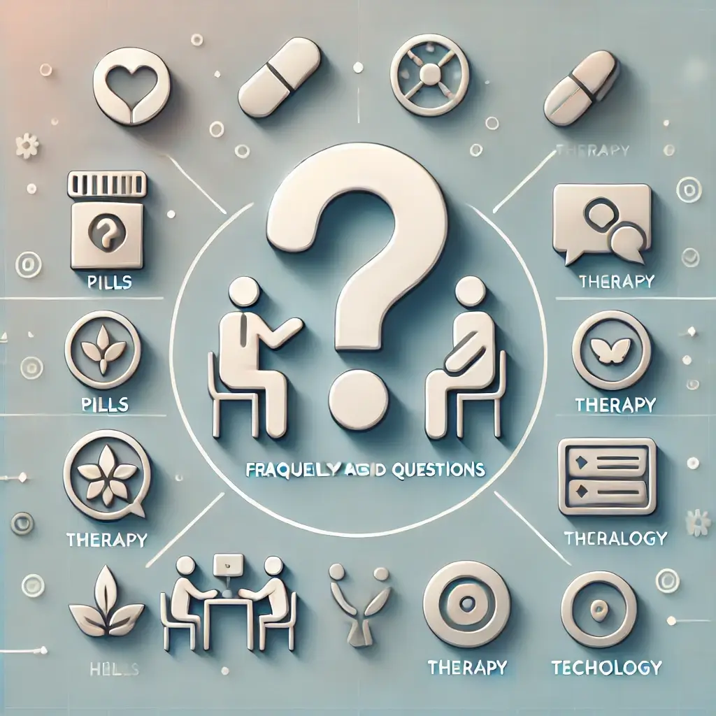 A high-quality, professional image representing frequently asked questions about mental health treatments. The visual includes symbolic representation