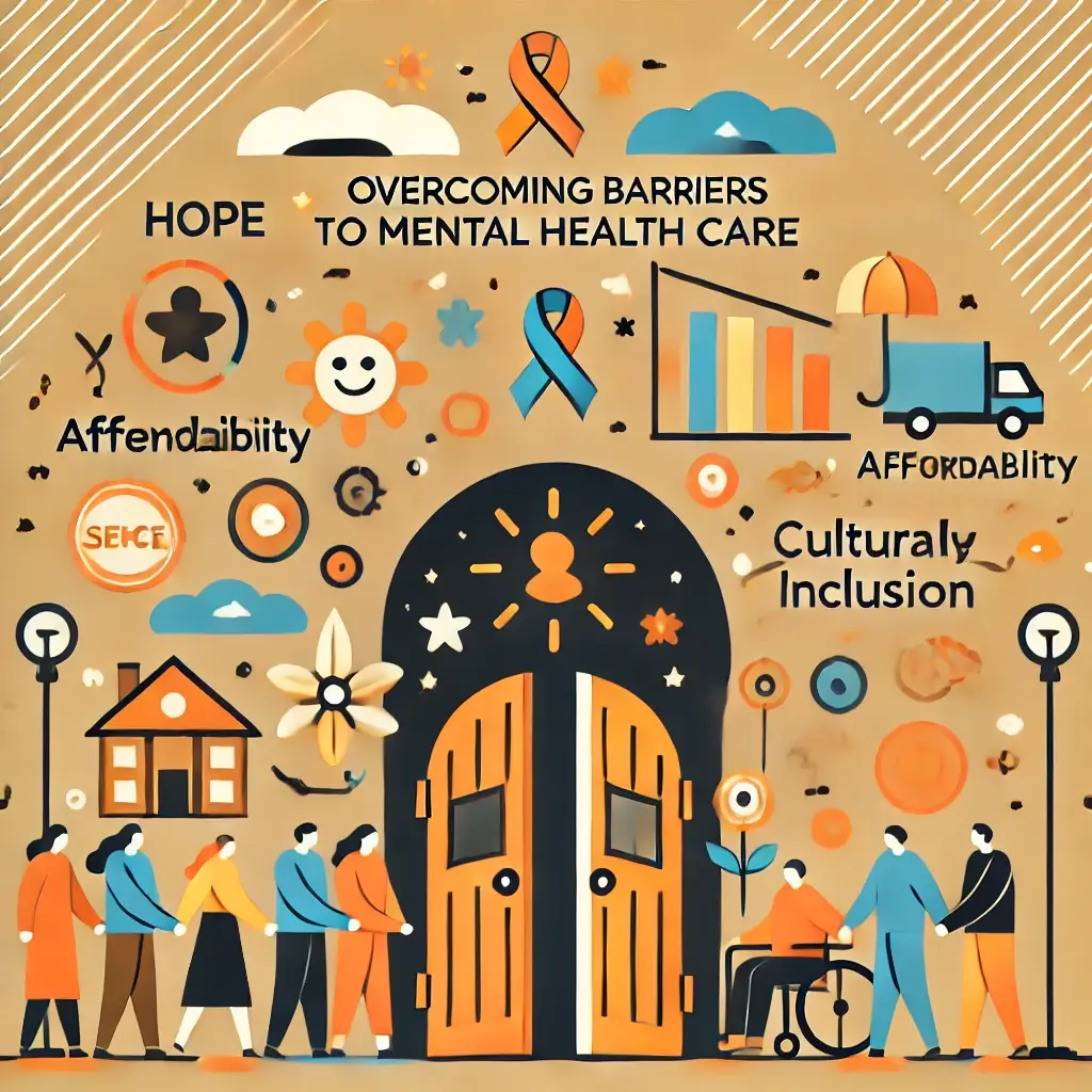 A high-quality, professional image representing overcoming barriers to mental health care. The image includes symbols of accessibility, like open door