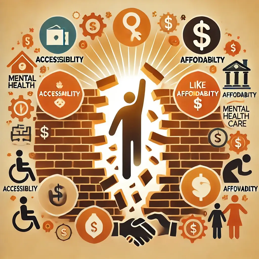 A high-quality, professional image representing overcoming barriers to mental health care. The visual includes elements such as a person breaking thro