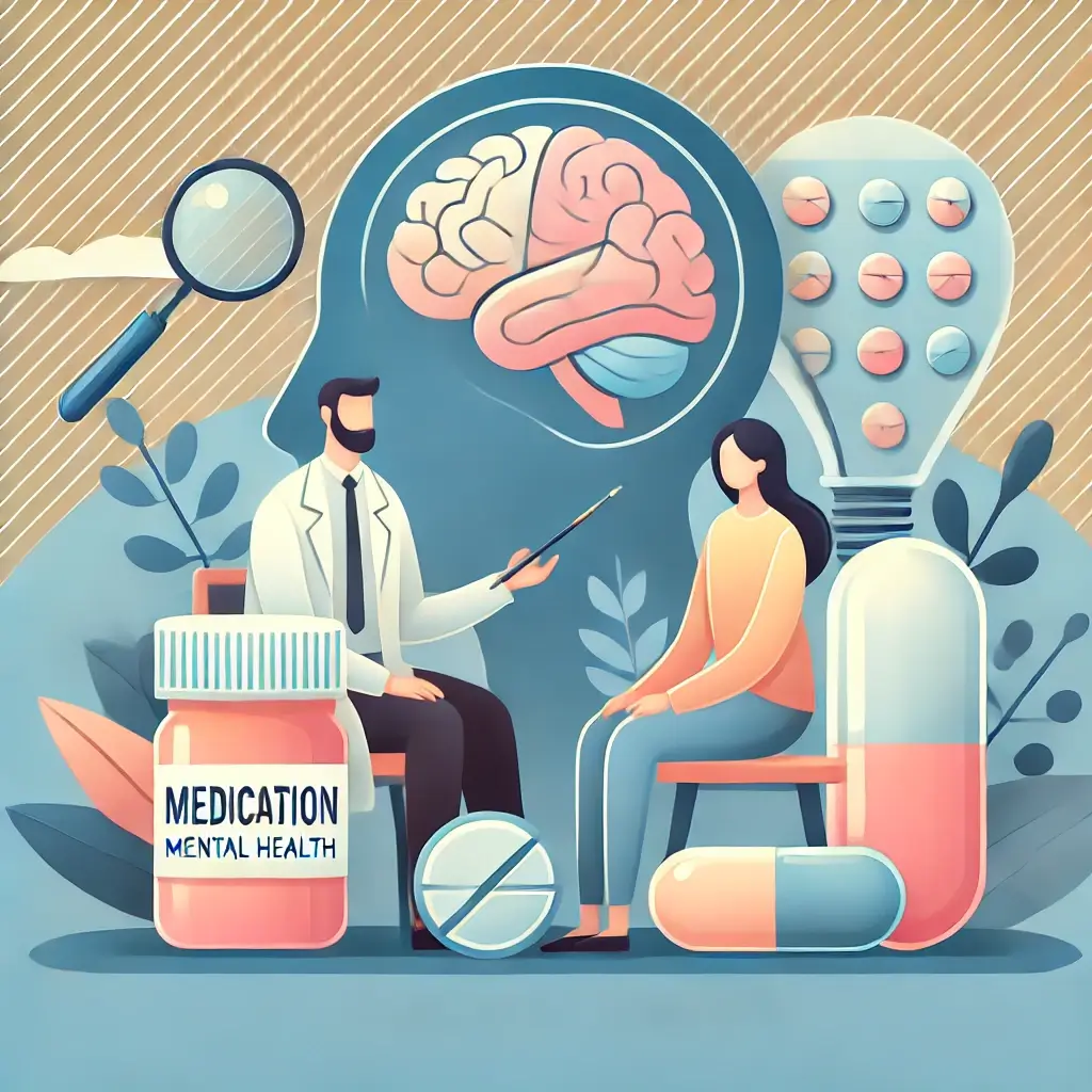 A high-quality, professional visual representation of traditional mental health treatments. The image includes elements like a therapist and a patient