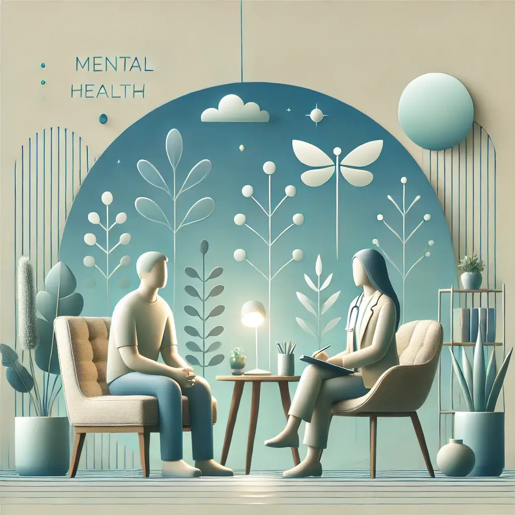 A high-quality, visually engaging image representing therapy for mental health. The image includes a serene counseling session setting, with a therapi