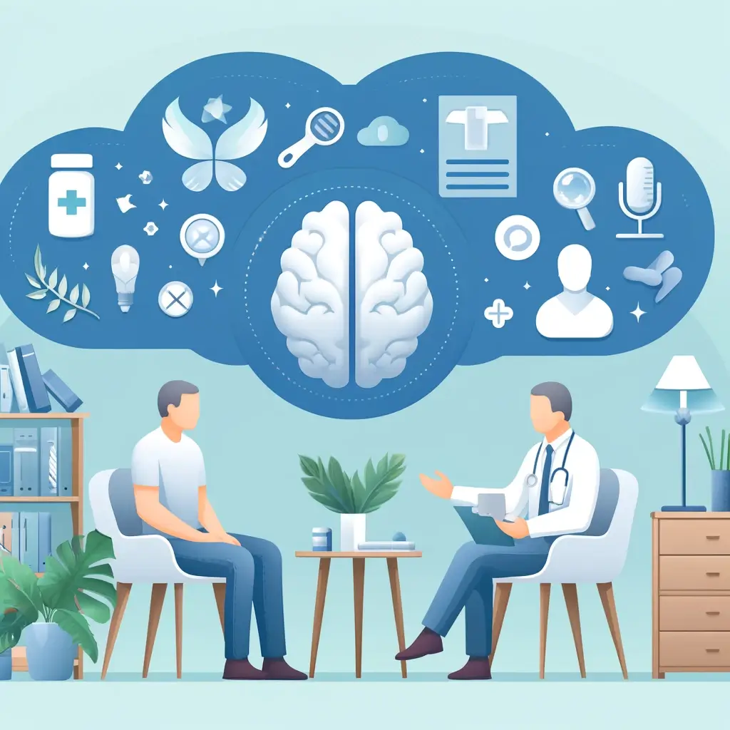 A modern clean and visually engaging depiction of mental health treatment options. The image includes elements such as a therapist speaking to a pat