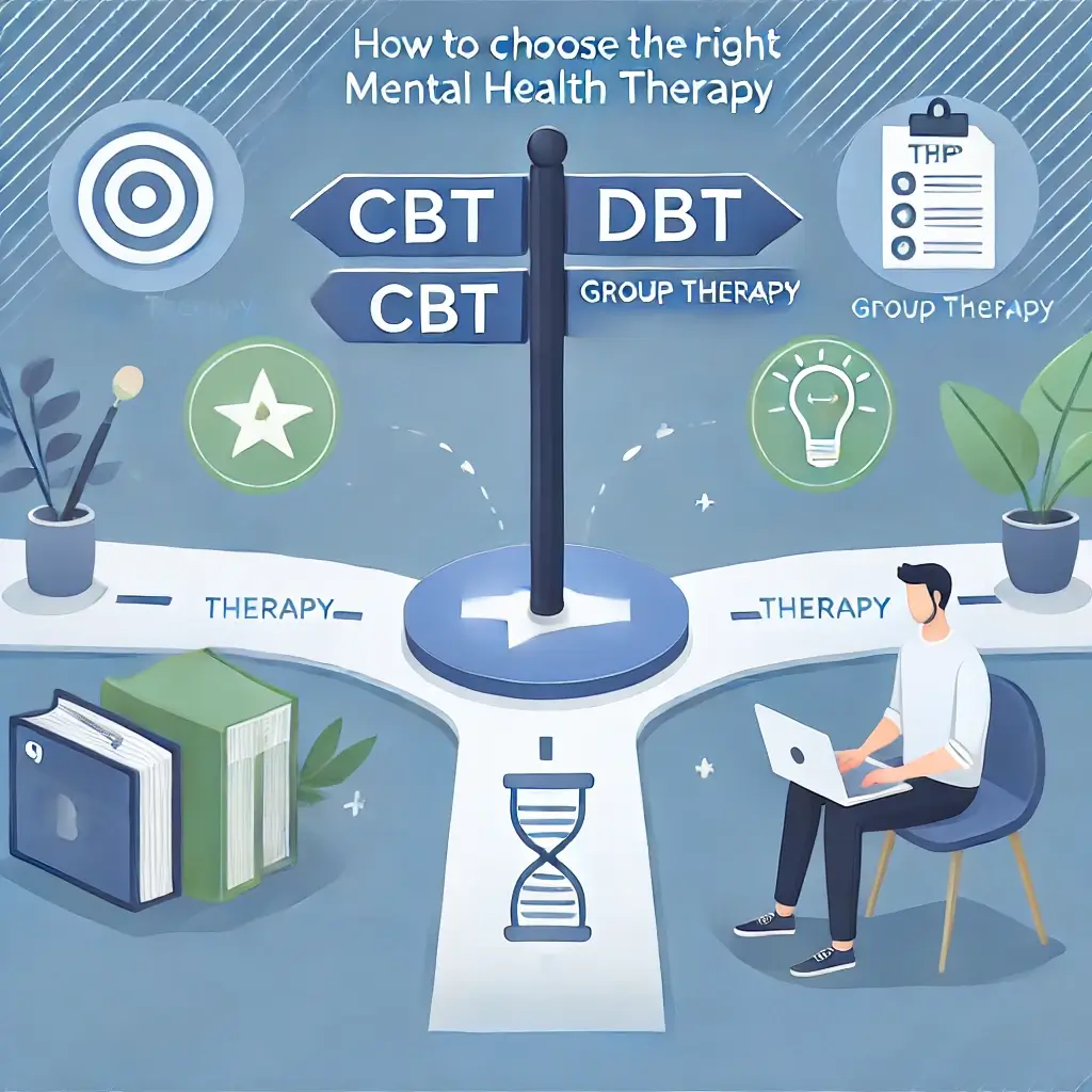 A professional and visually appealing image representing how to choose the right mental health therapy. The image includes elements like a decision-ma.webp
