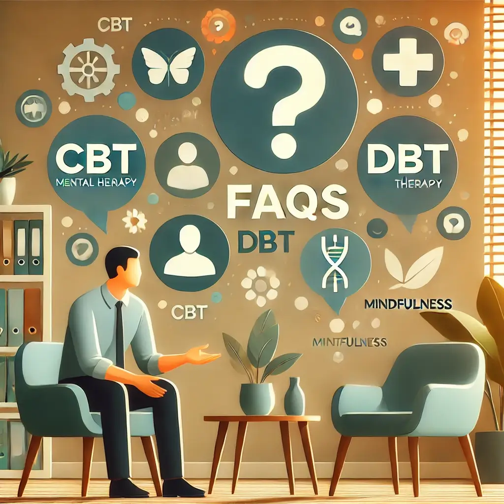 A visually appealing and professional image representing frequently asked questions (FAQs) about mental health therapies. The image includes question