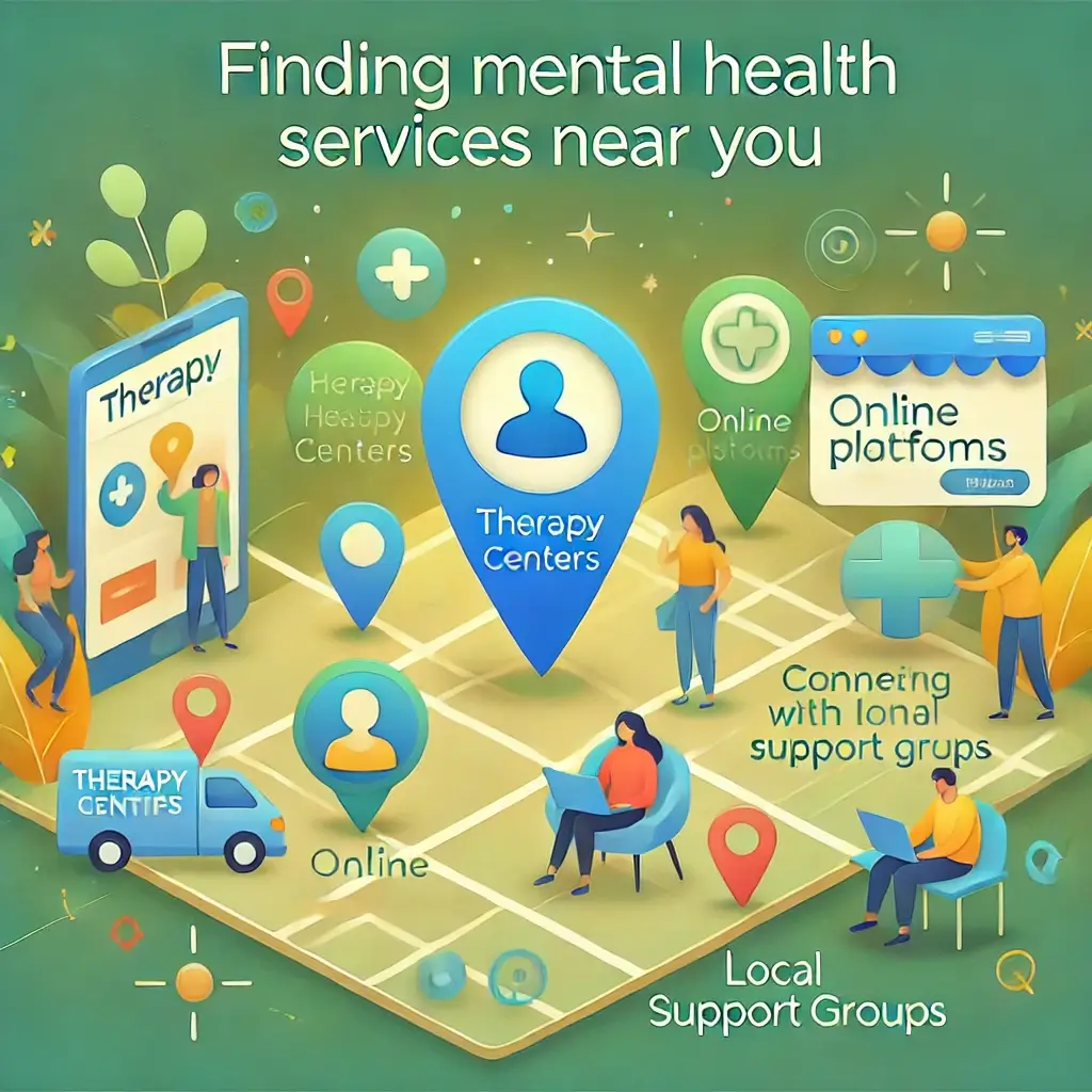 A visually engaging and professional image representing finding mental health services near you. The image includes a map with pins for therapy center