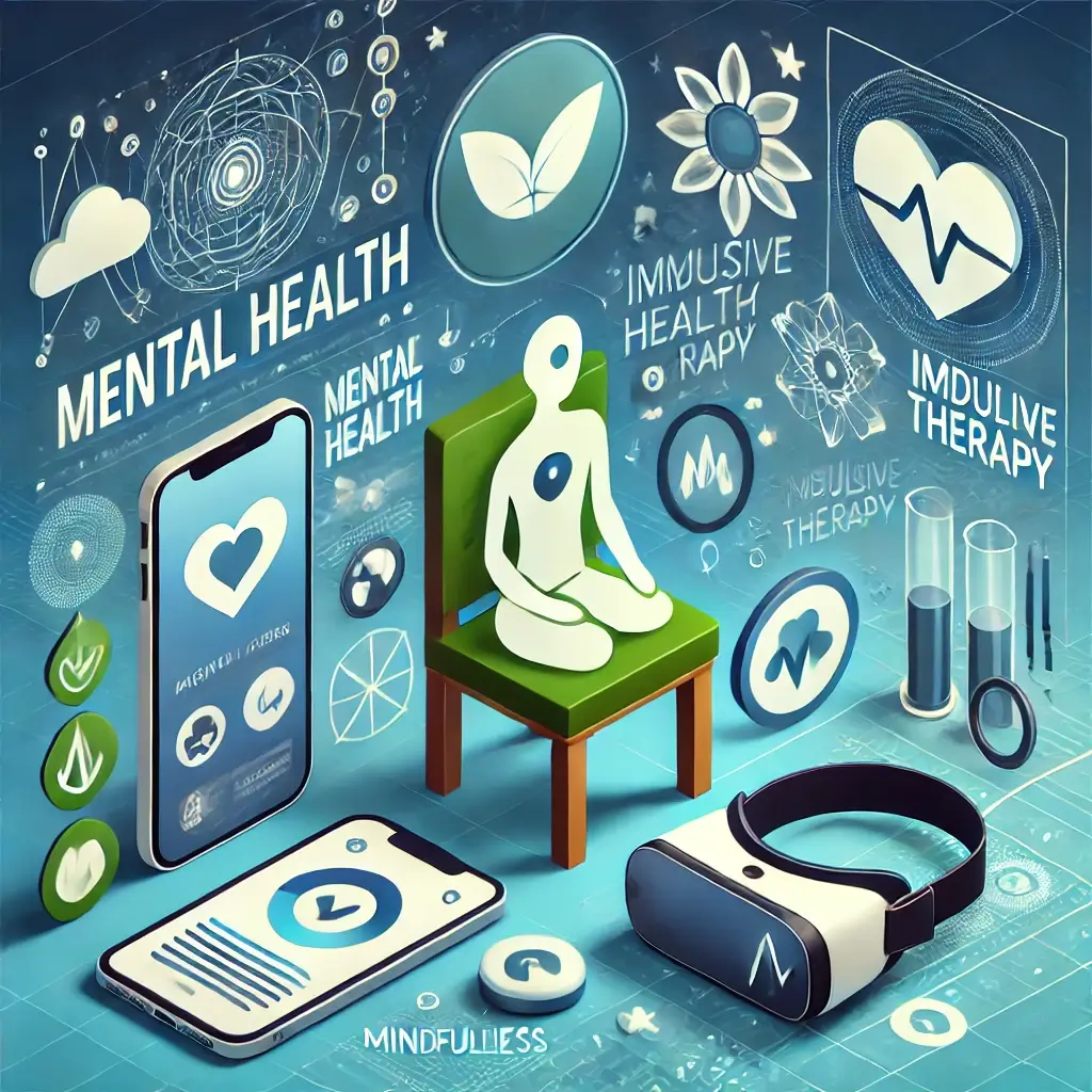 A visually engaging, high-quality image representing emerging trends in mental health therapy. The image includes elements like a smartphone showing a.webp