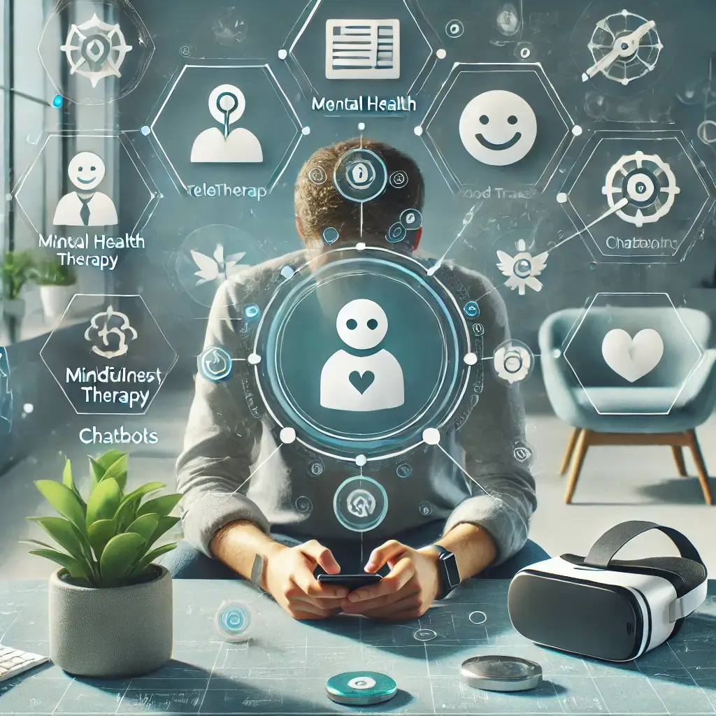 A visually engaging, professional image representing technology-driven mental health treatment options. The image includes elements such as a person u