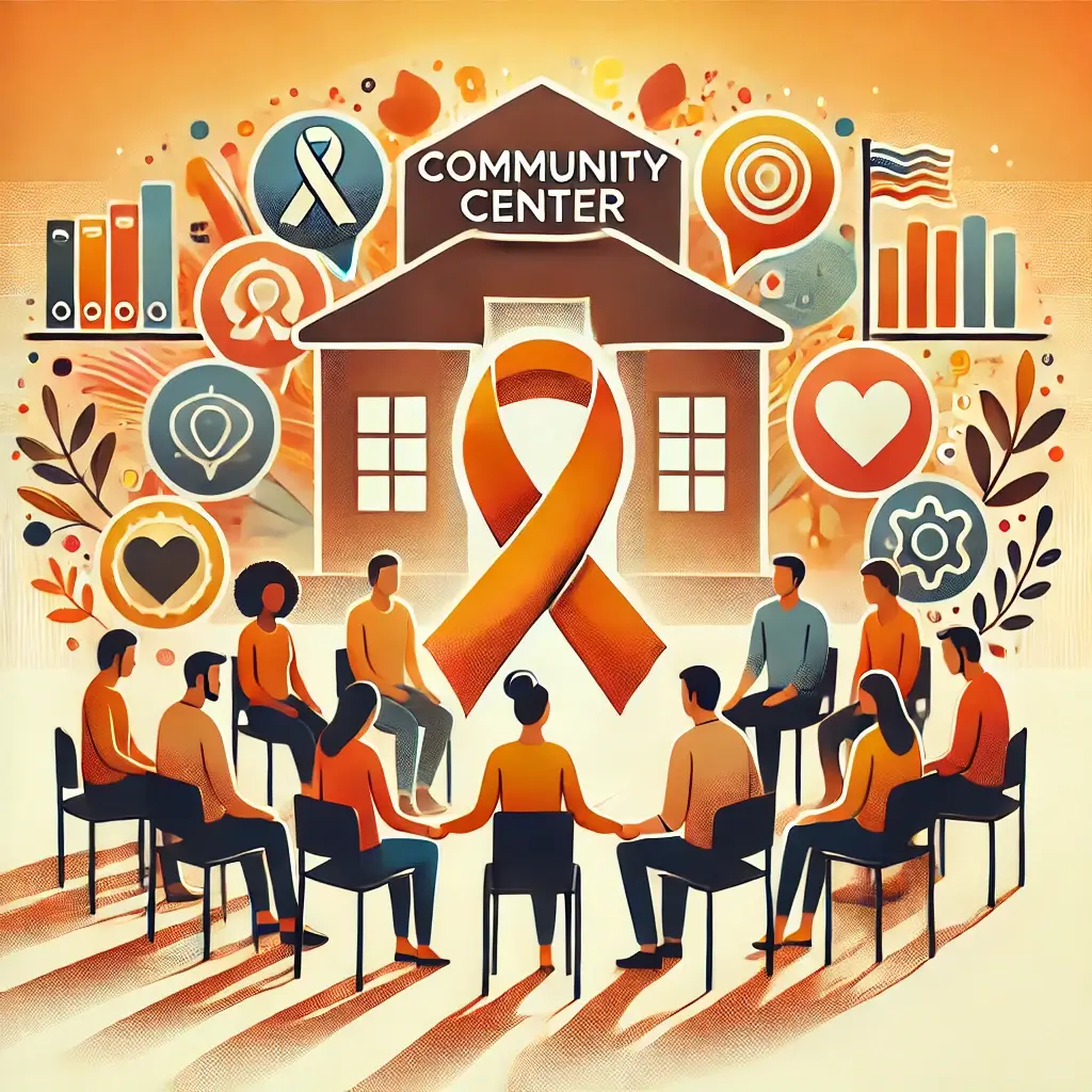A visually engaging, professional image representing the concept of community-based mental health support. The image includes a support group of diver