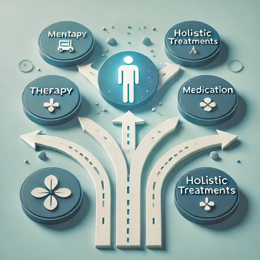 A visually engaging, professional image representing the process of choosing the right mental health treatment option. The image features symbolic rep