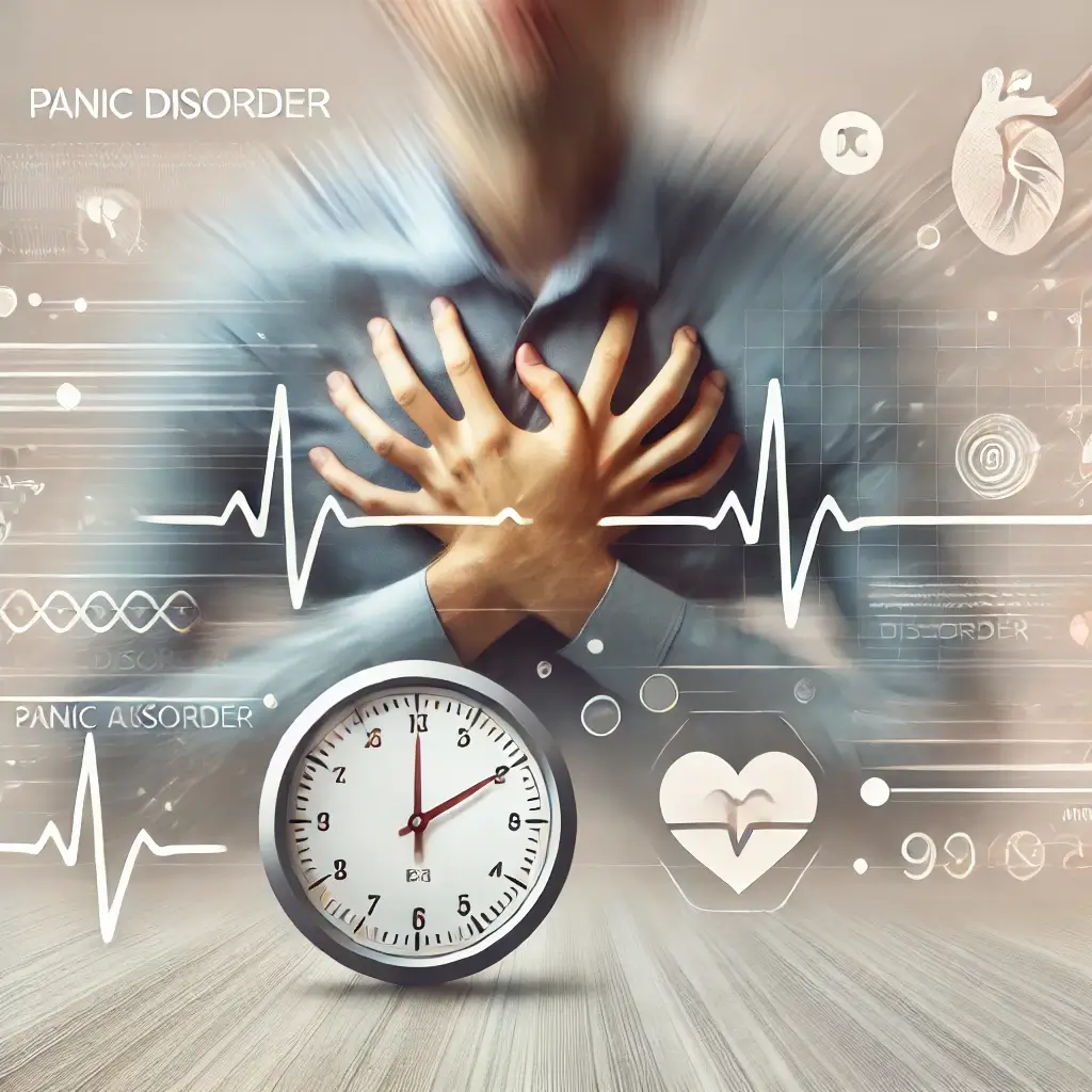 An HD image illustrating Panic Disorder, showing a person holding their chest in distress with visual elements like a racing clock, heartbeat lines, a