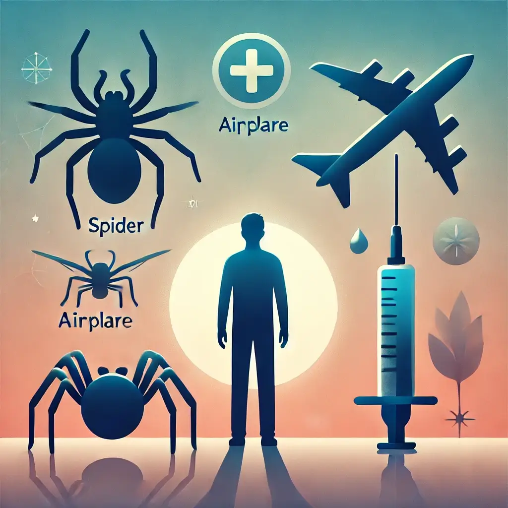 An HD image illustrating Specific Phobias, showing a person standing in front of symbolic fears such as a spider, an airplane, and a syringe. The back