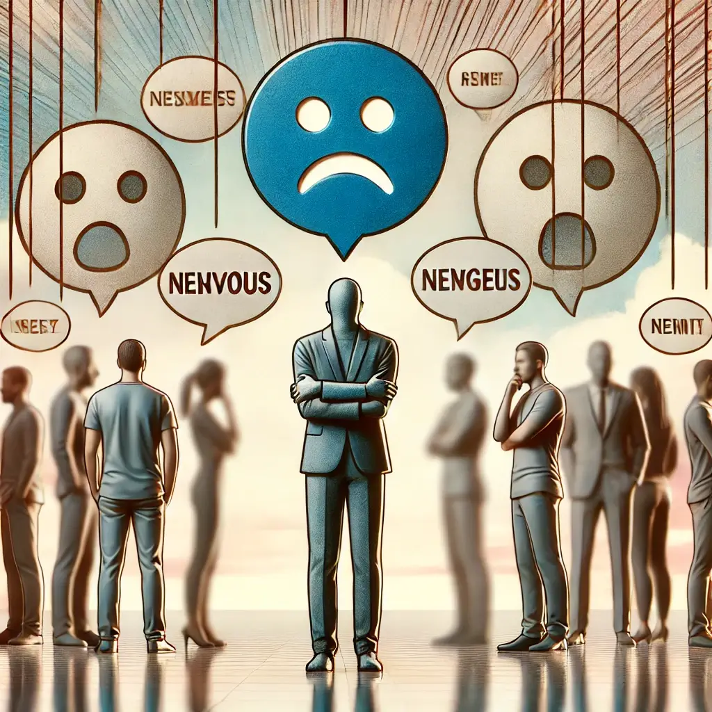 An HD image representing Social Anxiety Disorder, showing a person standing apart from a group with speech bubbles, symbolizing fear of judgment. The 