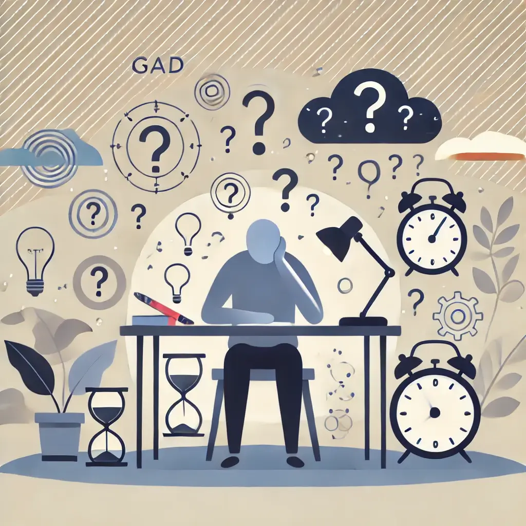 An HD image showcasing Generalized Anxiety Disorder (GAD), visually represented with a figure sitting at a desk surrounded by symbols like question ma