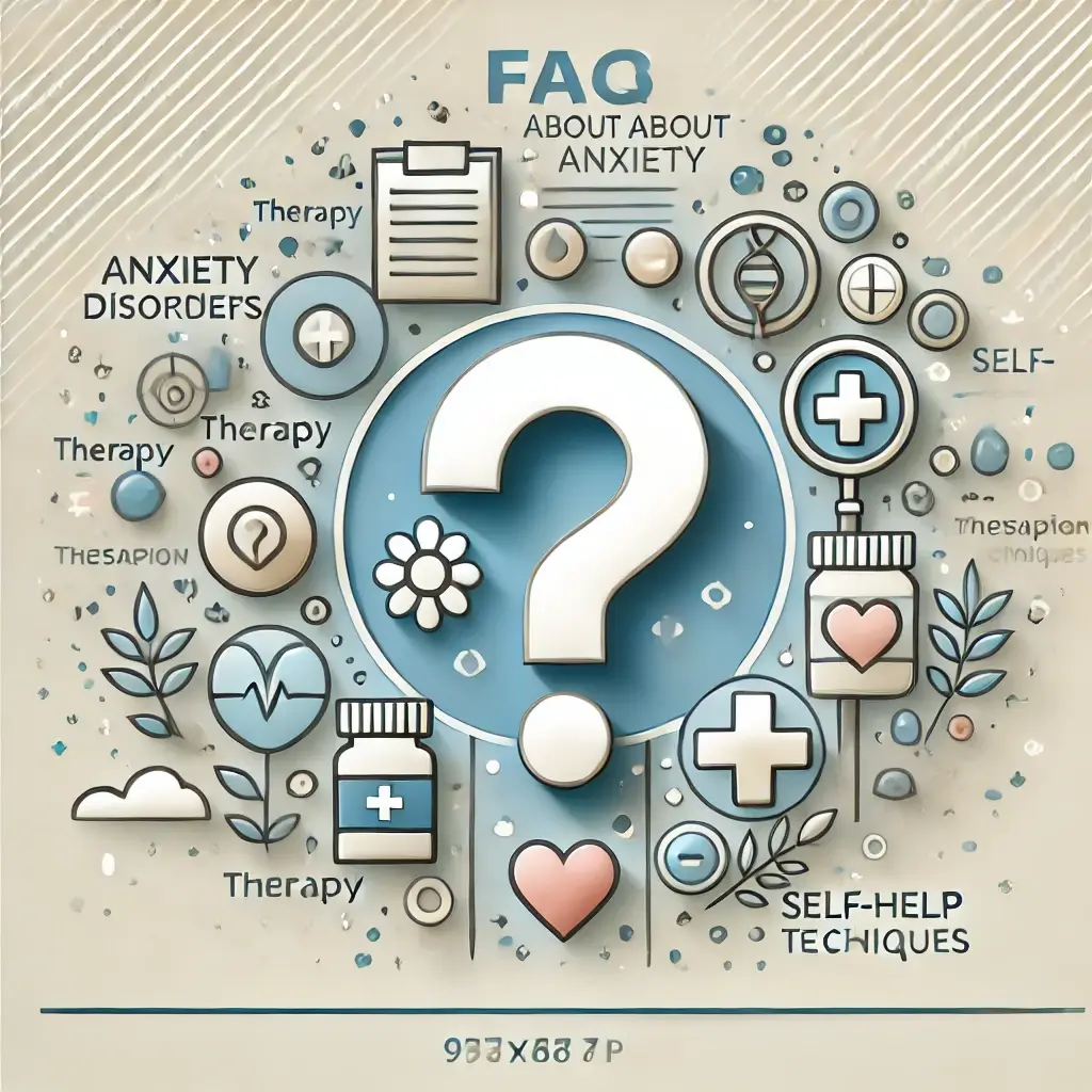 An HD image visually representing FAQs about anxiety disorders, showing a question mark surrounded by symbols of therapy, medication, and self-help te