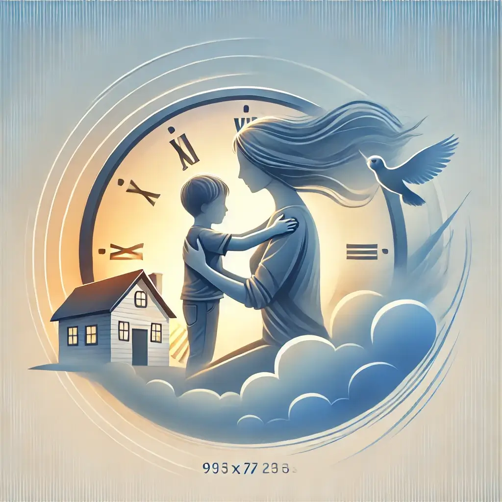 An HD image visually representing Separation Anxiety Disorder, featuring a child holding onto a parent, with visual cues such as a clock and distant h