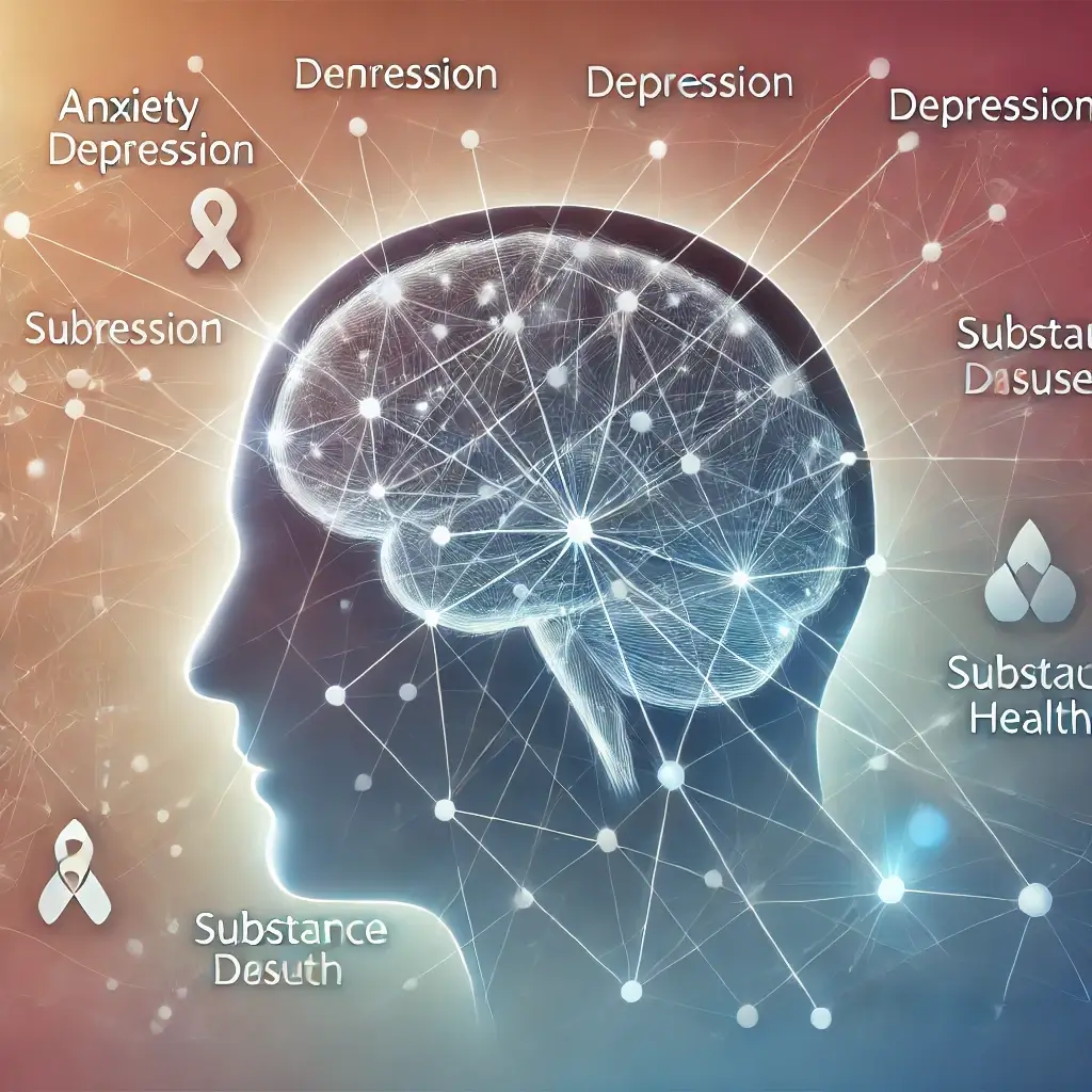 An HD image visually representing co-occurring anxiety and other mental health disorders, featuring a brain with interconnected lines linking anxiety,