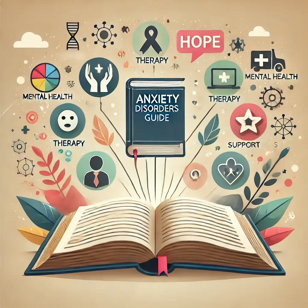 An HD image visually representing the conclusion of an anxiety disorders guide, featuring an open book with icons of mental health, therapy, and suppo