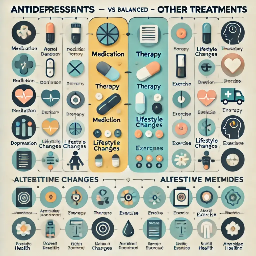 A clear and balanced visual comparison chart of antidepressants versus other treatments for depression and anxiety. The chart includes categories such.webp