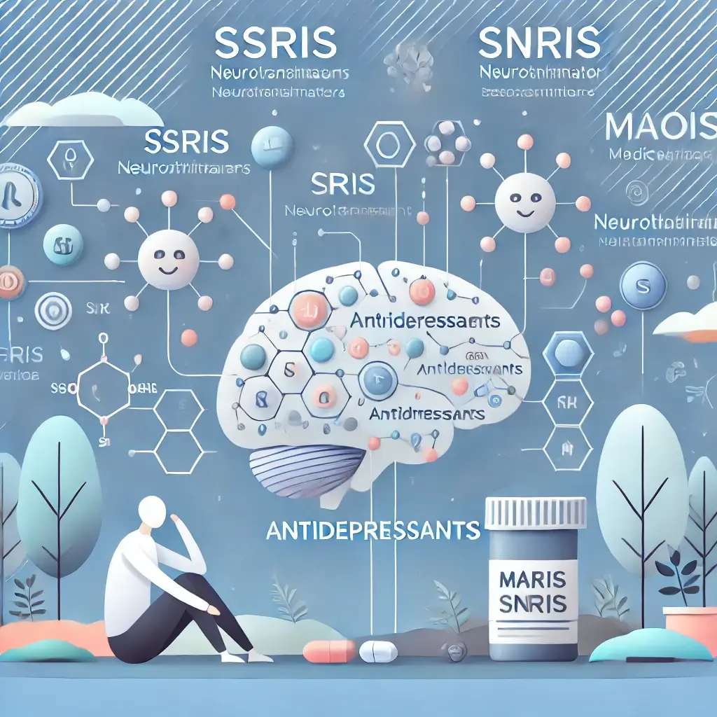 A detailed and visually appealing image illustrating the concept of antidepressants. The scene includes representations of brain chemistry, neurotrans