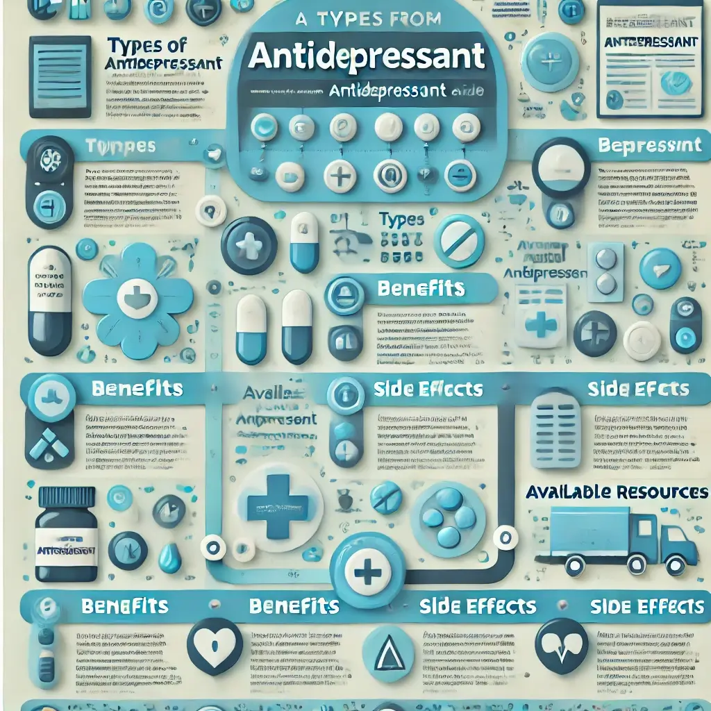 A visually compelling infographic summarizing the key takeaways from a comprehensive antidepressant guide. The image includes sections for types of an