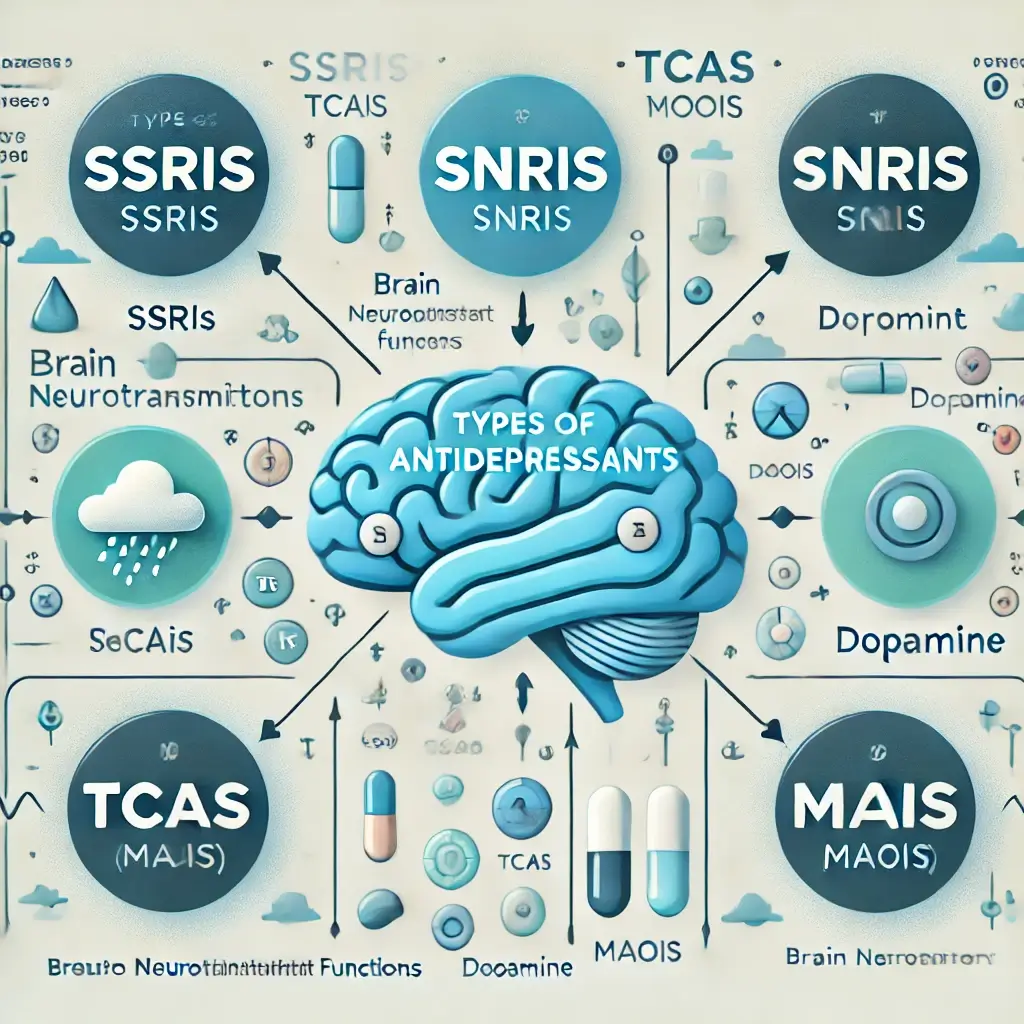 A visually detailed infographic representing types of antidepressants. The design includes labeled sections for SSRIs, SNRIs, TCAs, and MAOIs, with ar