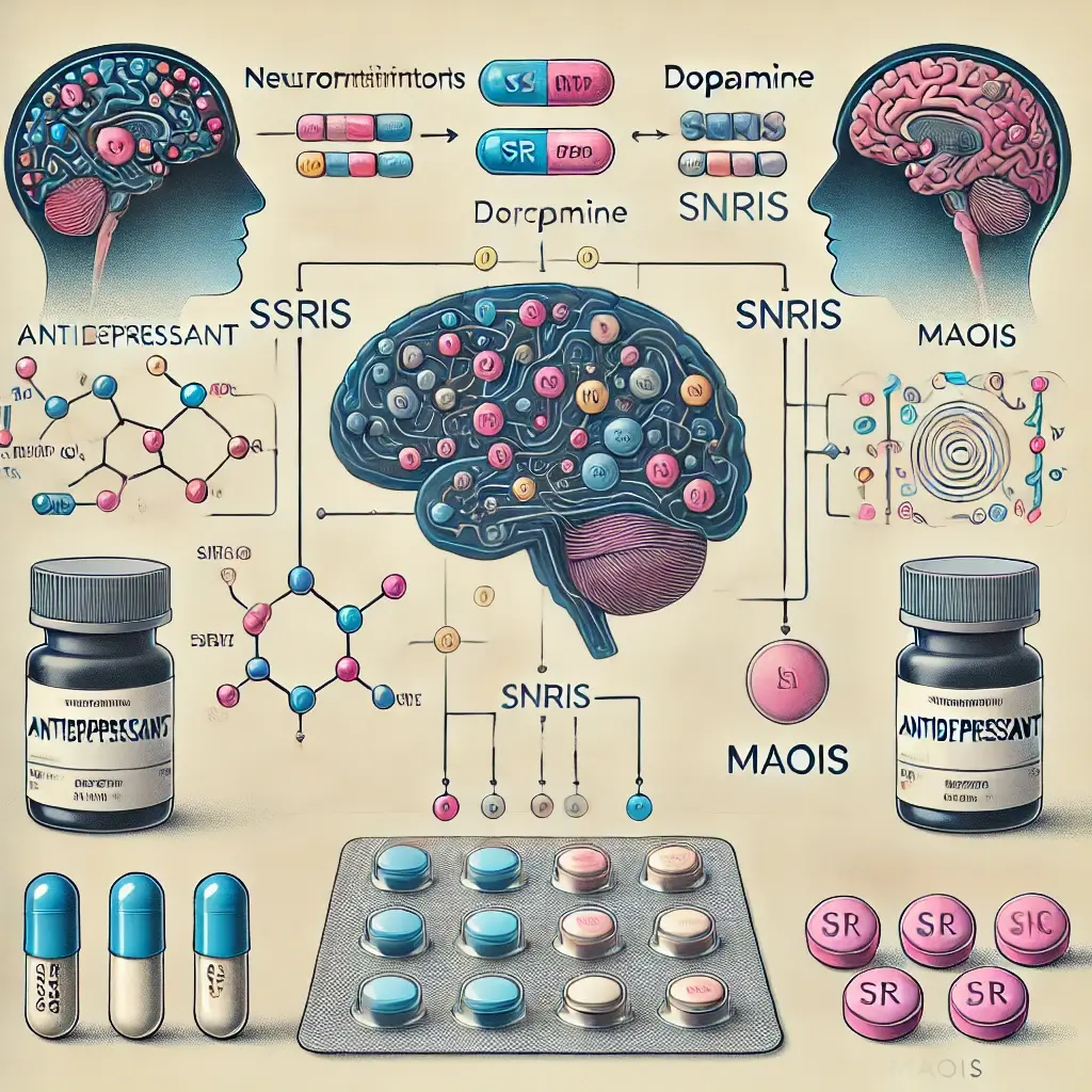A visually detailed representation of how antidepressants work. The image includes a labeled diagram showing neurotransmitters like serotonin and dopa.webp