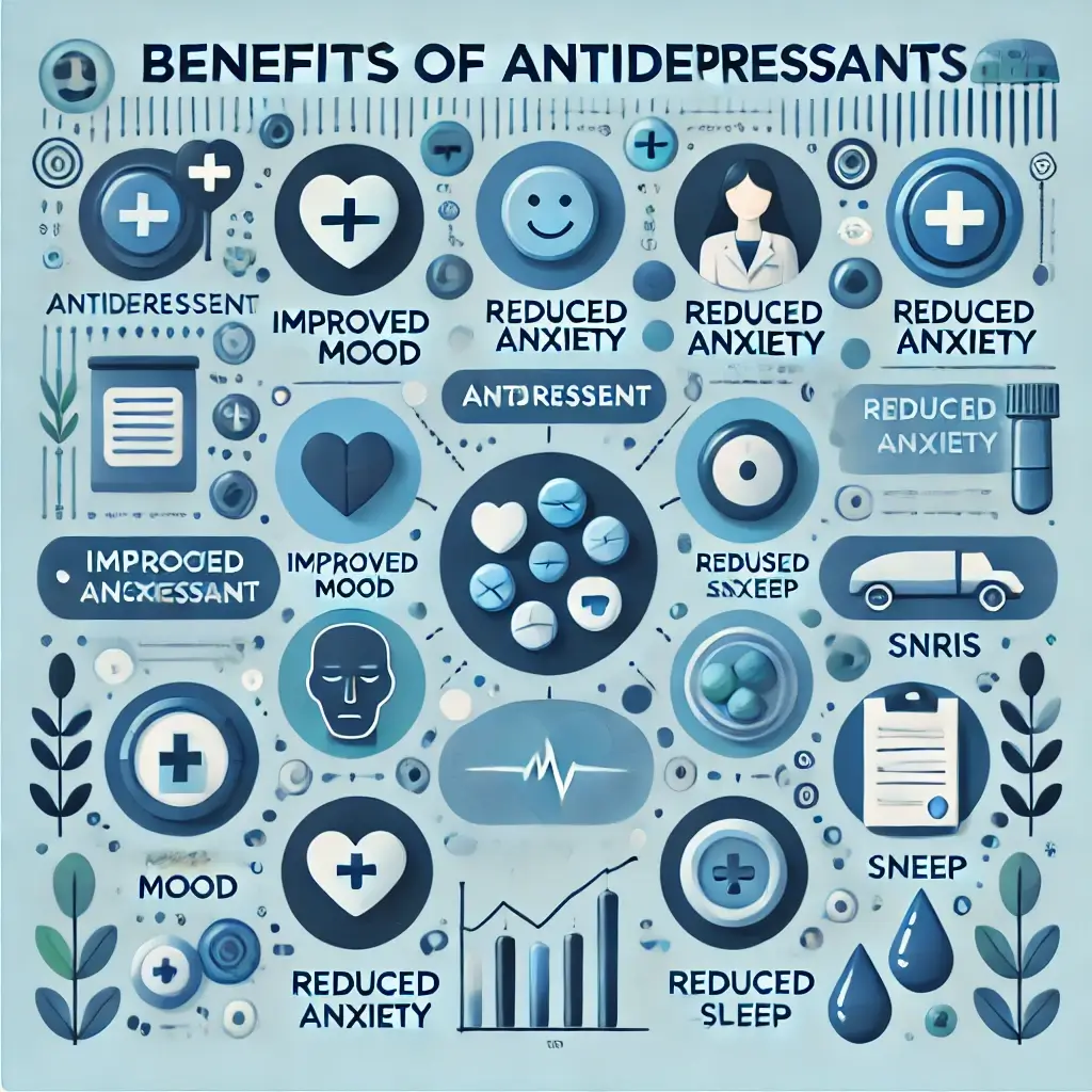 A visually engaging chart showcasing the benefits of antidepressants, including improved mood, reduced anxiety, and better sleep. The design features .webp