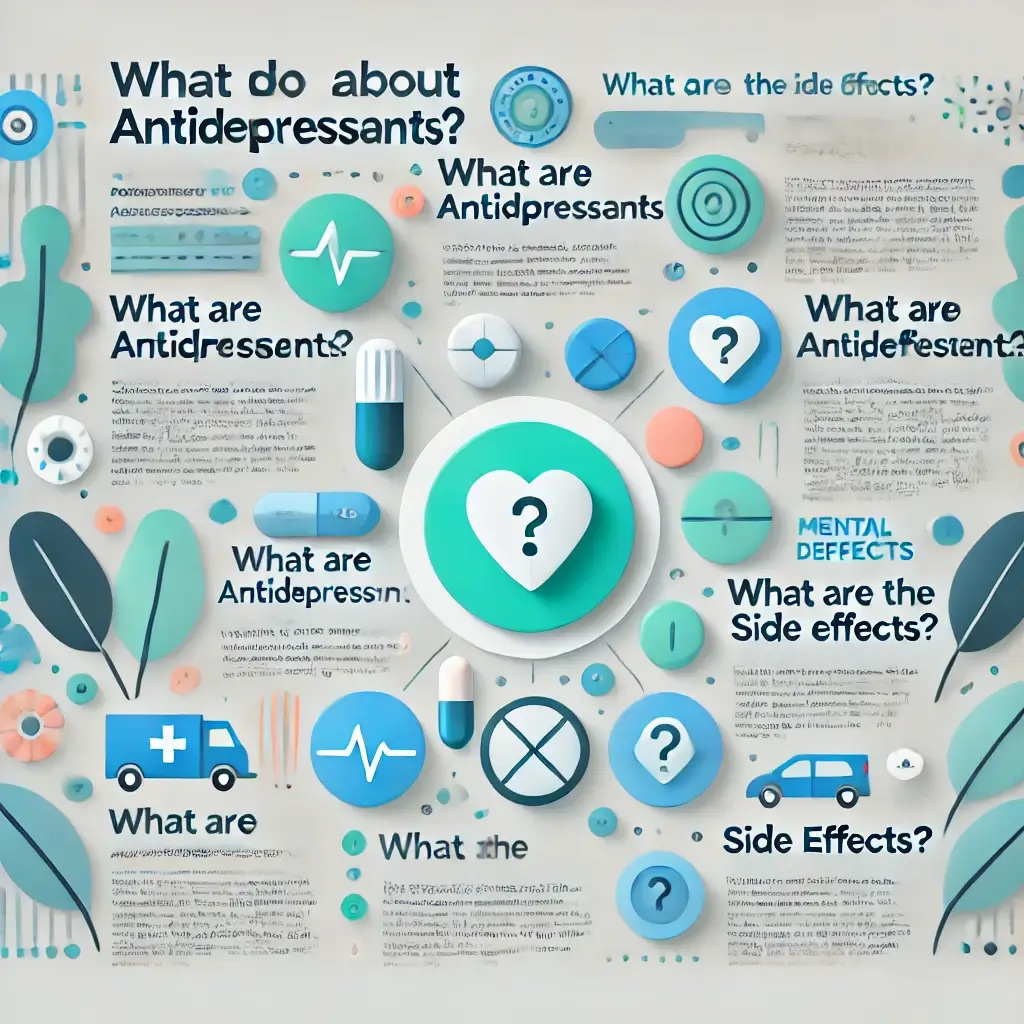 A visually engaging infographic showcasing common FAQs about antidepressants, with icons representing questions like 'What are antidepressants_' and '