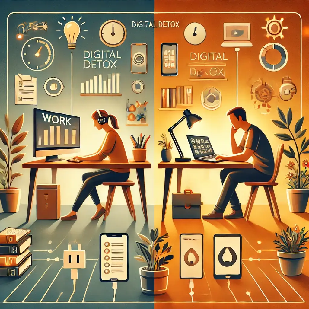 An image depicting the intersection of work and technology's impact on mental health. The scene includes a person working remotely at a desk with mult