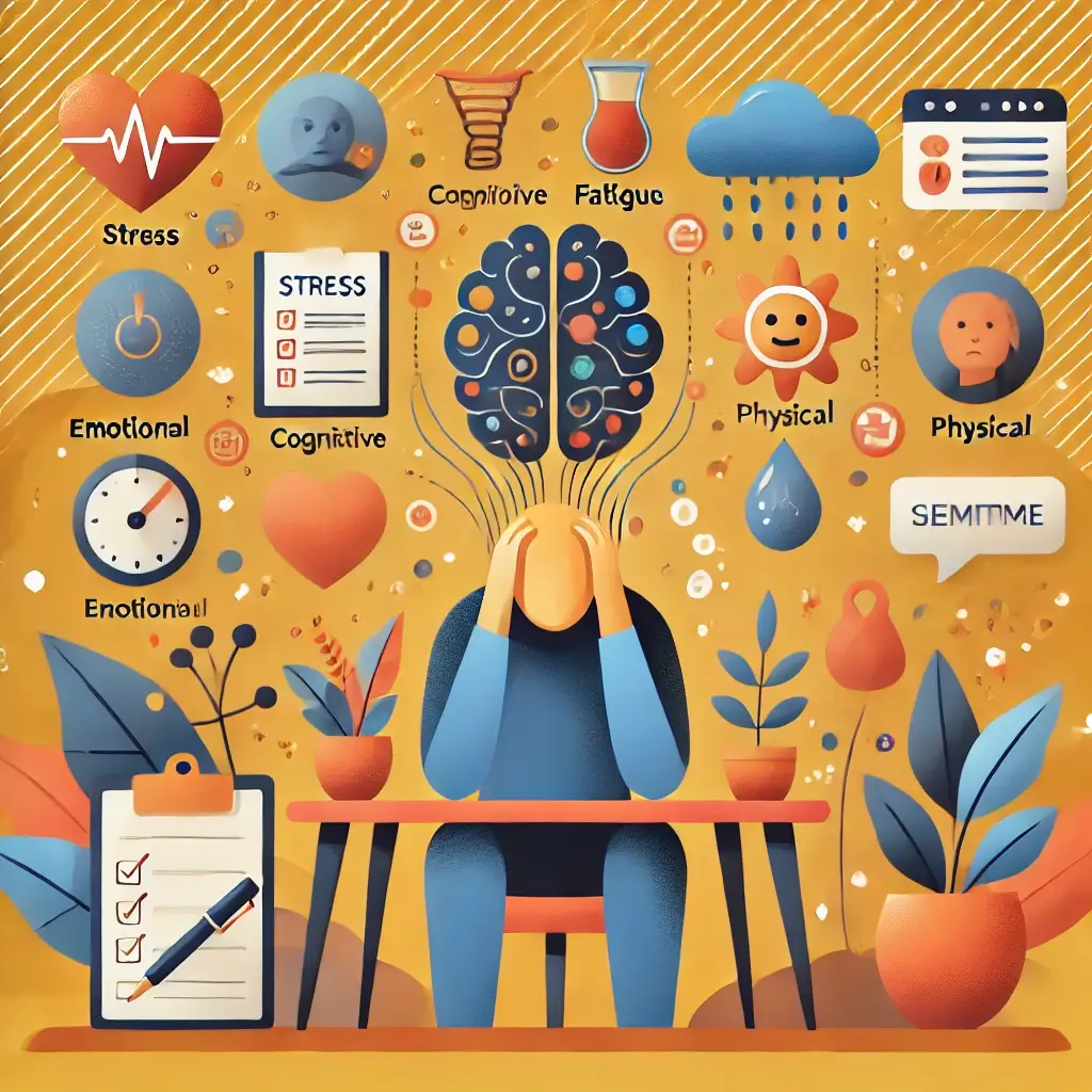 An image depicting the symptoms and impact of mental health challenges. The visual shows a symbolic representation of stress and fatigue, with a perso