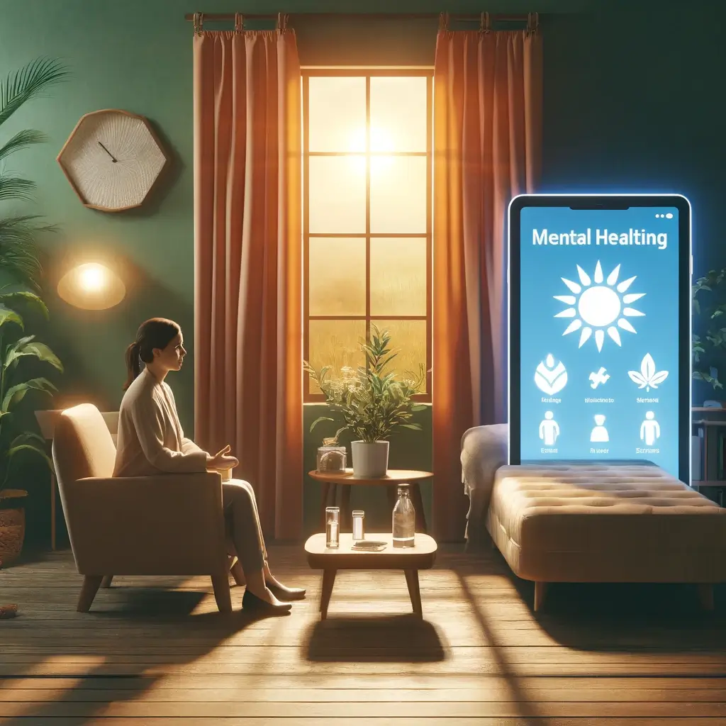 An image illustrating traditional and digital treatment options for mental health. The scene includes a juxtaposition of a serene therapy room with a 