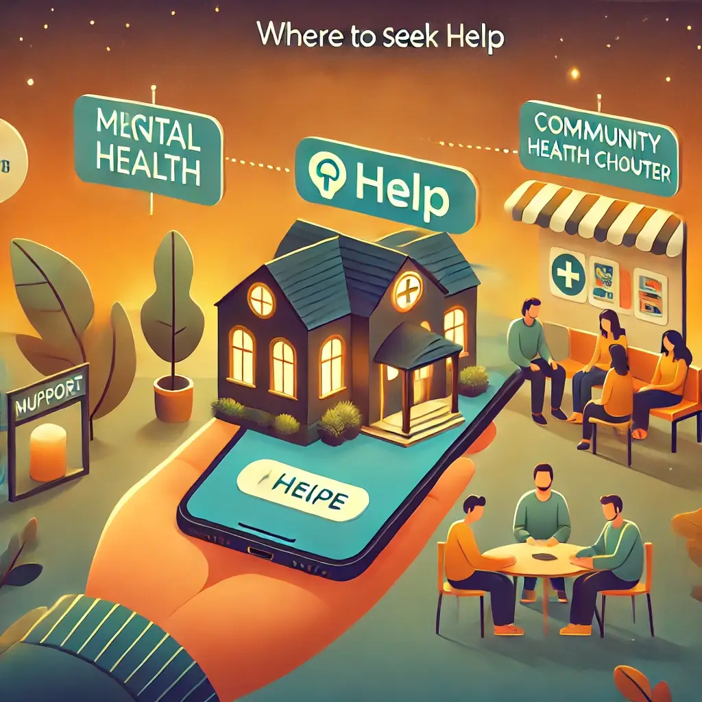 An image illustrating where to seek help for mental health issues. The scene features a blend of digital and in-person options, including a smartphone