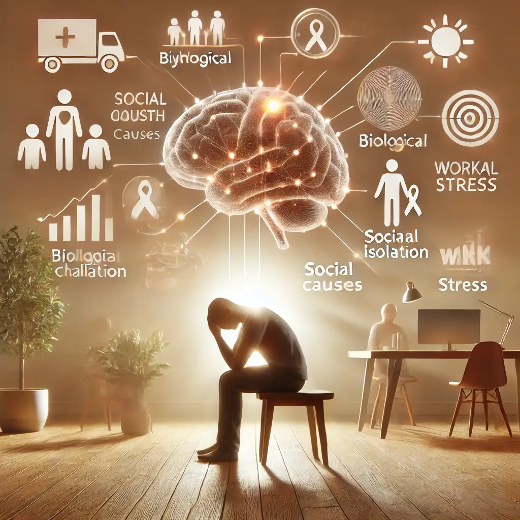 An image representing the root causes of mental health challenges. The scene features symbolic elements like brain diagrams for biological causes, a p