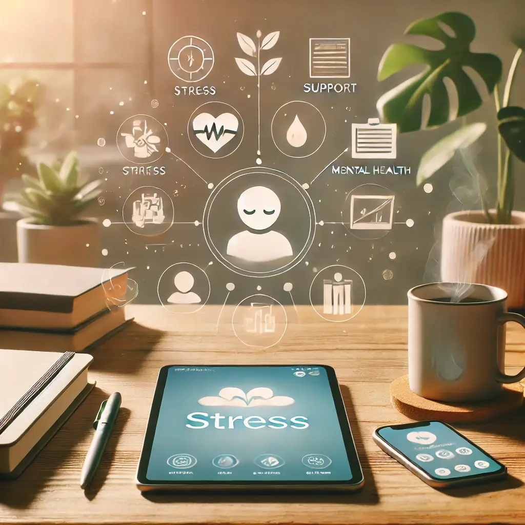 An image symbolizing mental health challenges in adults. The scene includes a serene desk setup with items like a coffee mug, notebook, and a digital 