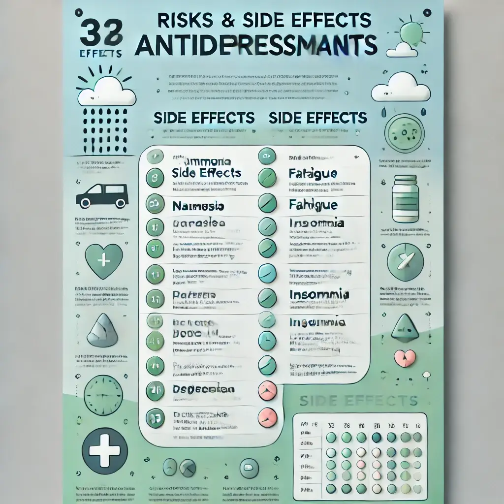An infographic displaying the risks and side effects of antidepressants. The design includes a list of common side effects such as nausea, fatigue, an