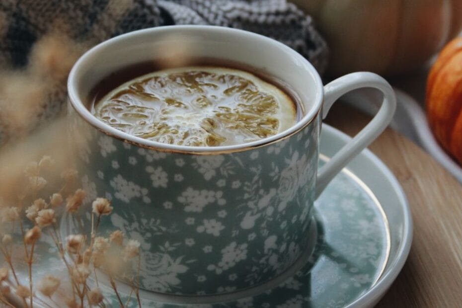 Cozy cup of calming herbal tea with lemon