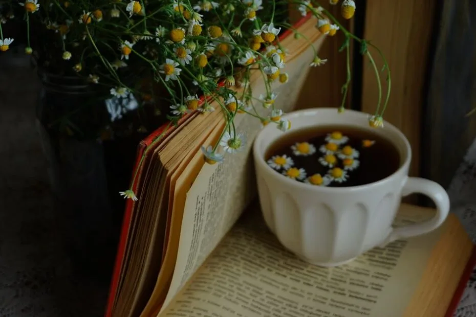 Warm cup of herbal tea with dried herbs for relaxation