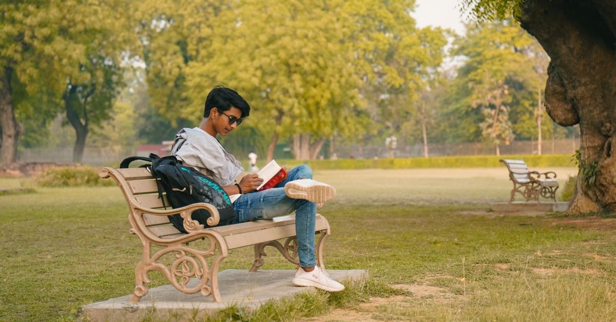 A person reading on a park bench on a sunny day