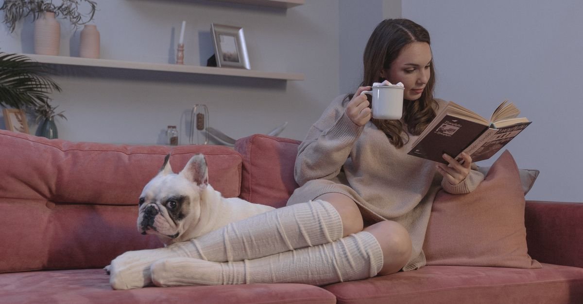Woman reading on the sofa with her dog in the evening