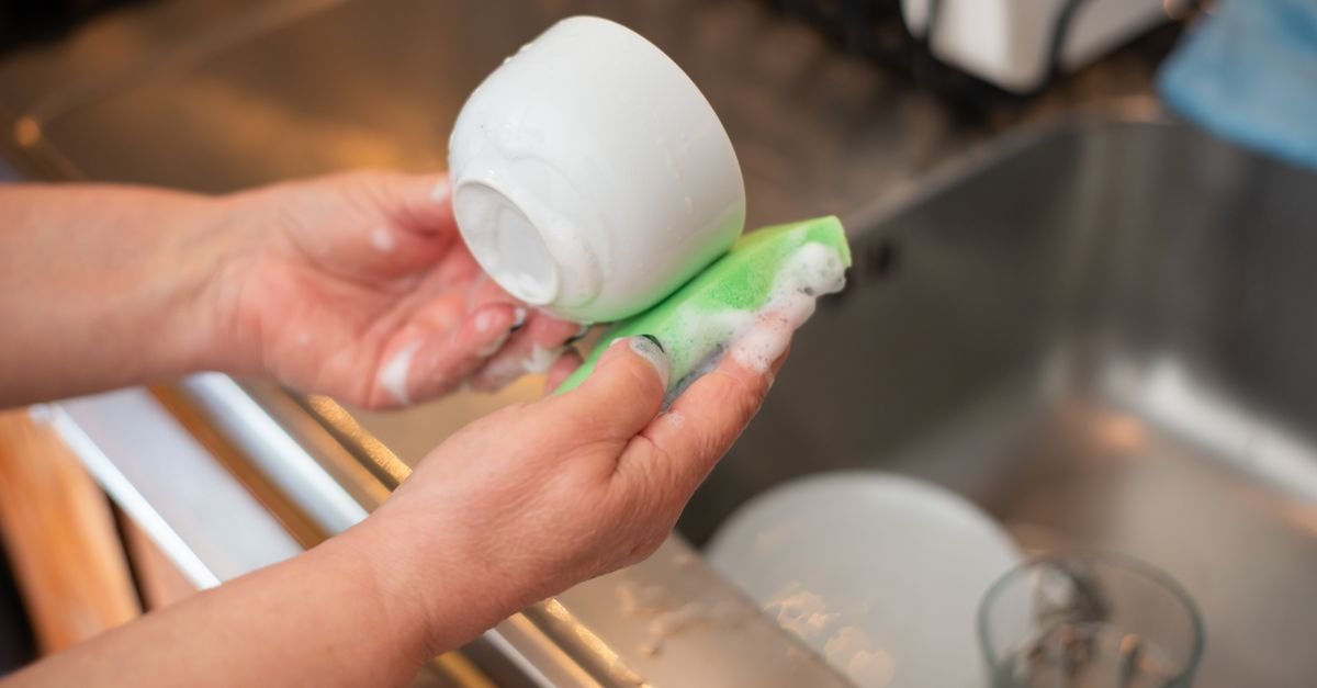 Hands washing a dish with attention at the sink