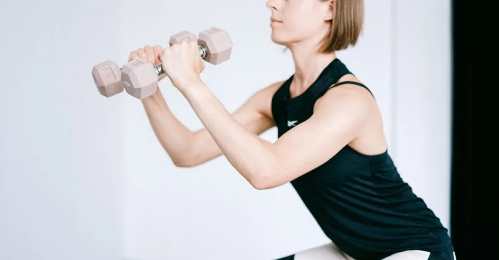 Woman doing a quick dumbbell exercise