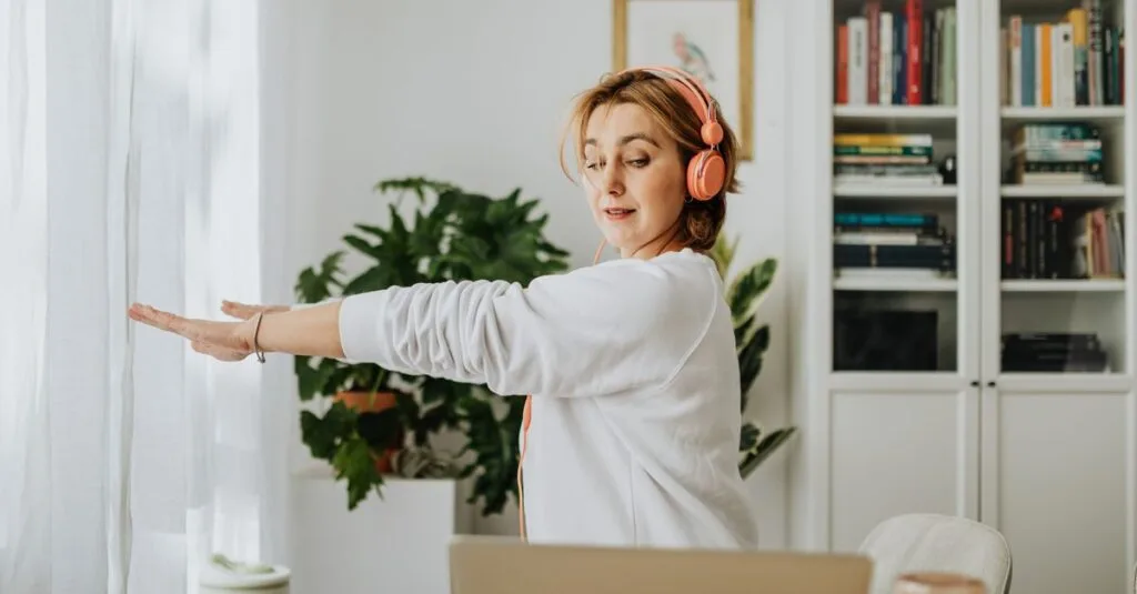 Woman exercising during a work break